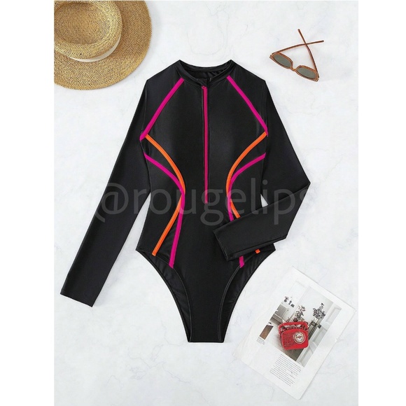 Black with Pink and Orange Piping One Piece Swimsuit Zipper Front Long Sleeve - Picture 4 of 13